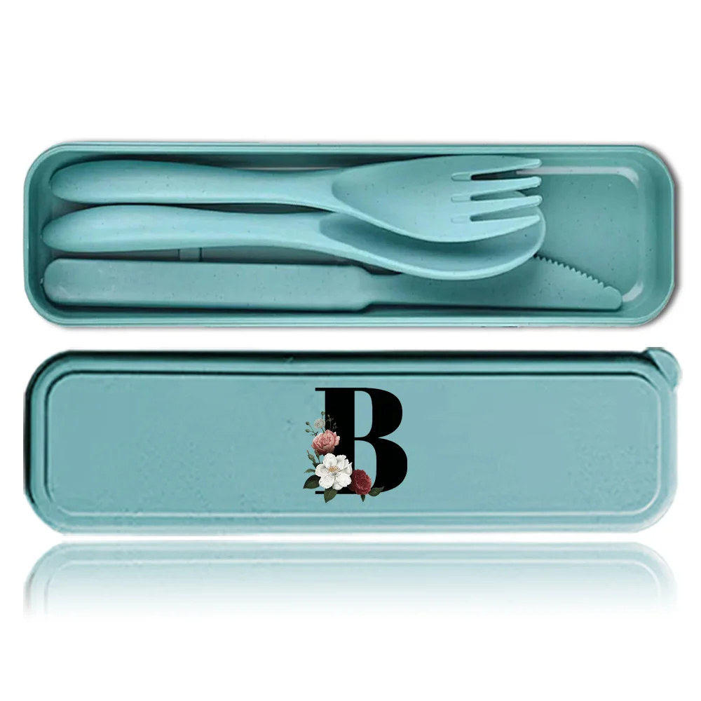 Durable Wheat Straw Dinnerware Set 3Pcs Portable Reusable Tableware Set Dustproof Picnic Dinnerware Black Floral Letter Pattern