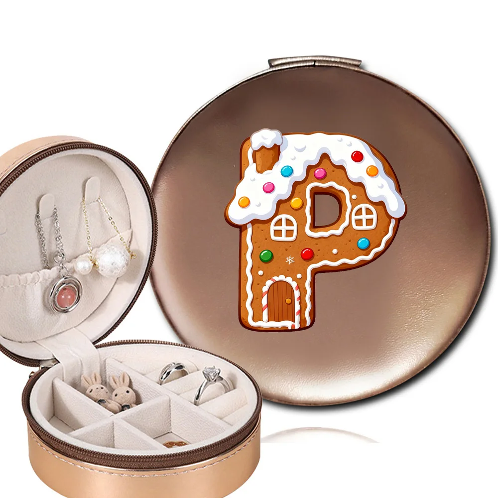 Circular Jewelry Storage Box PU Dustproof Earring Case Multi-functional Jewelry Display Box Christmas Gifts  Gingerbread Pattern