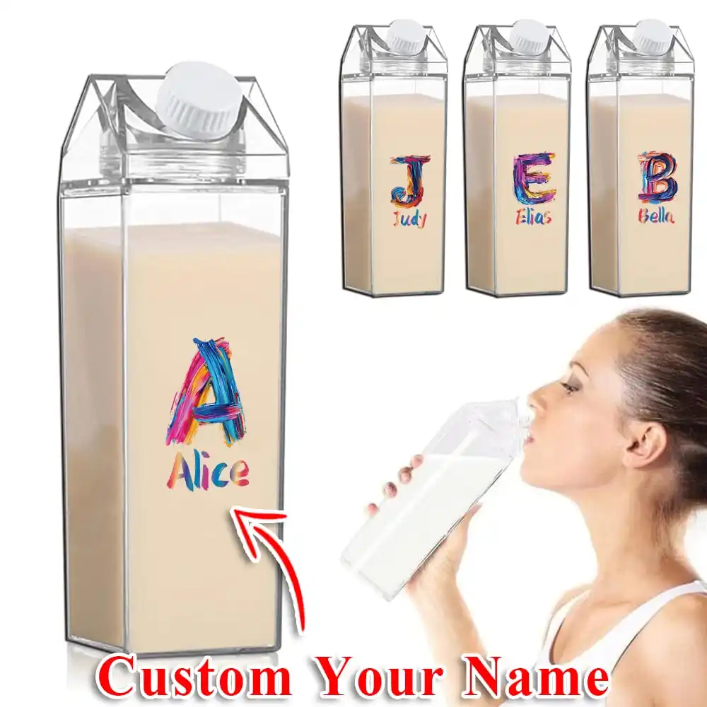 Customized Name 1000ml Clear Milk Bottle Sealed Leak Proof Drinking Jug Orange Juice Organizer Case Colorful Painting Brush