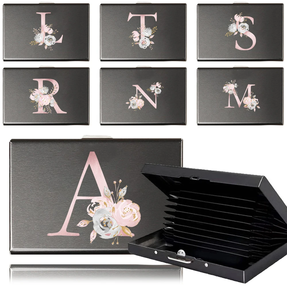 Card Pocket Wallet Portable Business Cards Box Metal Slim Money Bag Portable Storage Container Pink Flower Printing Series