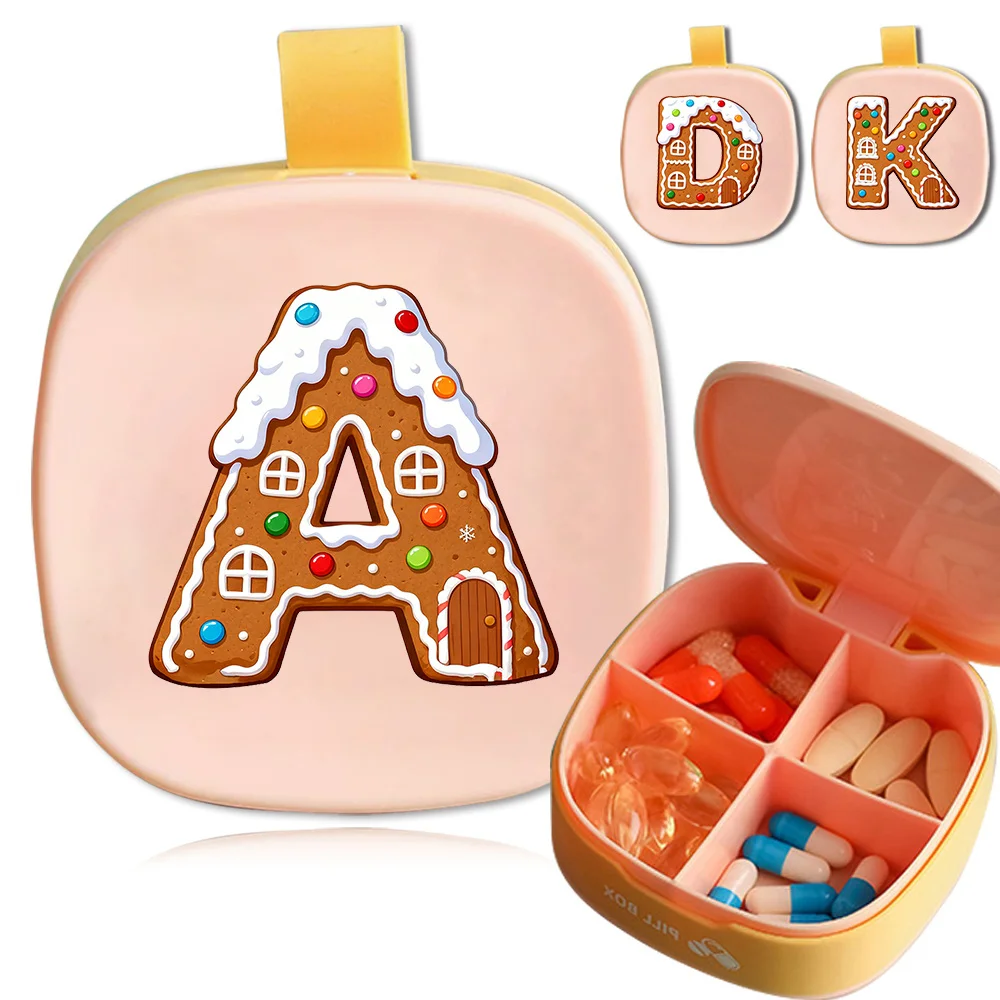 Portable Square Four-Grid Pill Box Vitamin Sealed Pill Storage Case Travel Medicine Organizer Box Gingerbread Letter Pattern