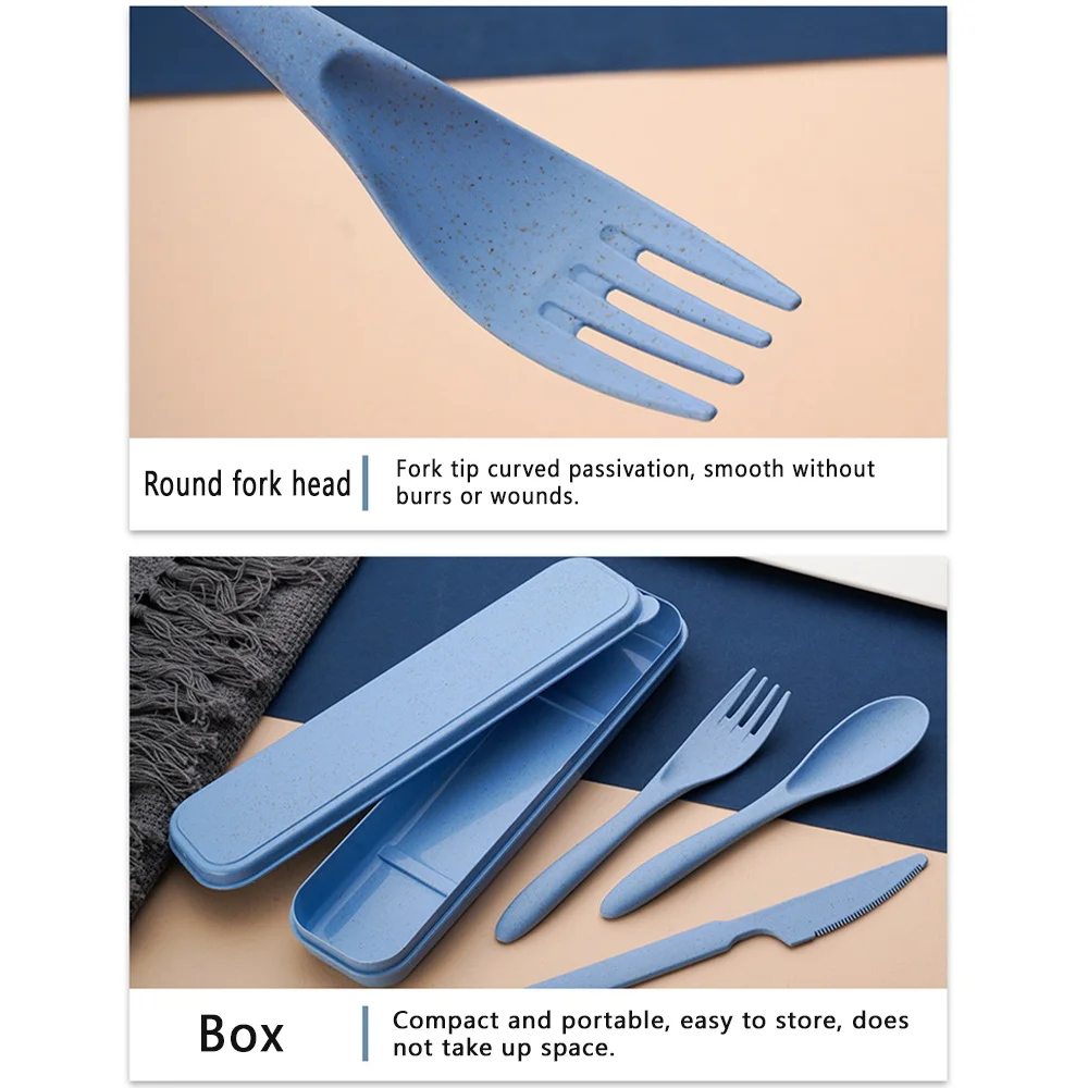 3Pcs Portable Reusable Tableware Set Durable Wheat Straw Dinnerware Set Camping Spoon Fork Knife Box Black Floral Letter Pattern