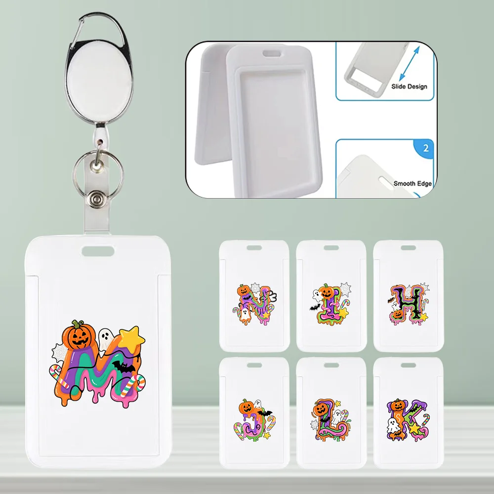 Employee Badge Card Holder with Expandable Hanging Rope Work Id Hard Shell Protective Cover Halloween Gift Candy Letter Pattern