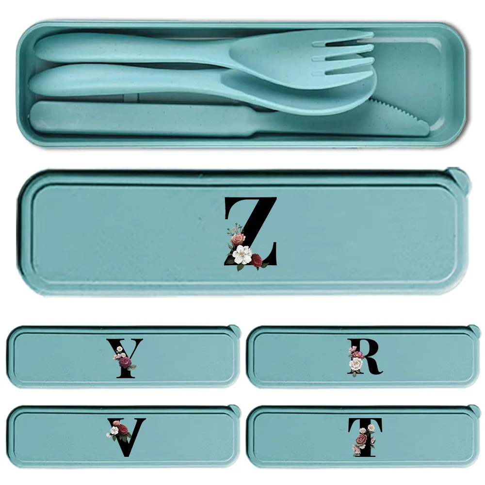 Durable Wheat Straw Dinnerware Set 3Pcs Portable Reusable Tableware Set Dustproof Picnic Dinnerware Black Floral Letter Pattern