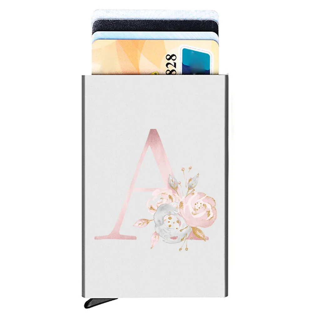 Business Cards Storage Box Durable Credit Cards Holder Pop-Up  Aluminum Card Boxs Pink Flower Series Multi-functional Wallet