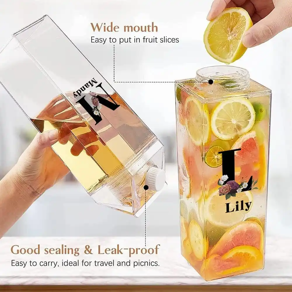Customized Name 500ml Clear Milk Bottle Drinking Jug Sealed Leak Proof Tea Coffee Storage Cup Personalized Black Floral