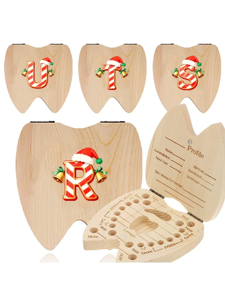 Wooden Tooth Case Teeth Shape with Milk Teeth Slot Tooth Collector Girl Boy Wooden Retro practical Case Jingle Bell Pattern