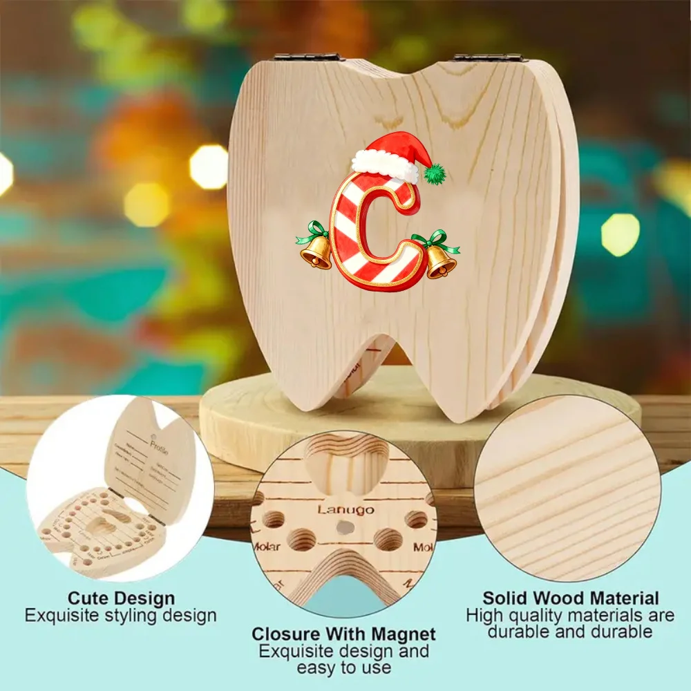 Wooden Tooth Case Teeth Shape with Milk Teeth Slot Tooth Collector Girl Boy Wooden Retro practical Case Jingle Bell Pattern