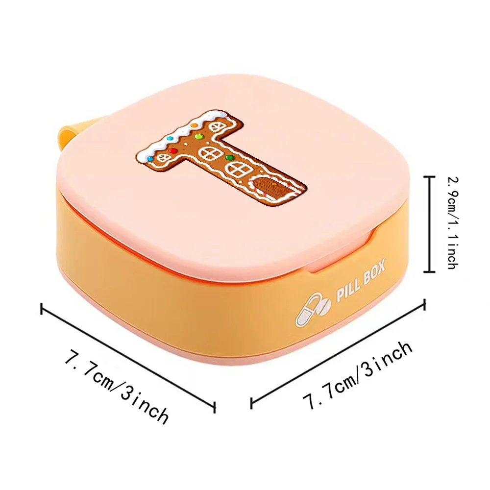 Portable Square Four-Grid Pill Box Vitamin Sealed Pill Storage Case Travel Medicine Organizer Box Gingerbread Letter Pattern