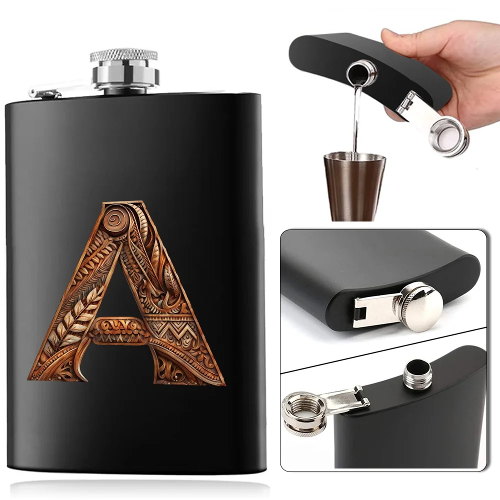 Stainless Steel Flask Wine Pot Pockets Water Bottle Never-Lose Cap Simplicity For Travel And Outdoor Wood Art Letter Pattern