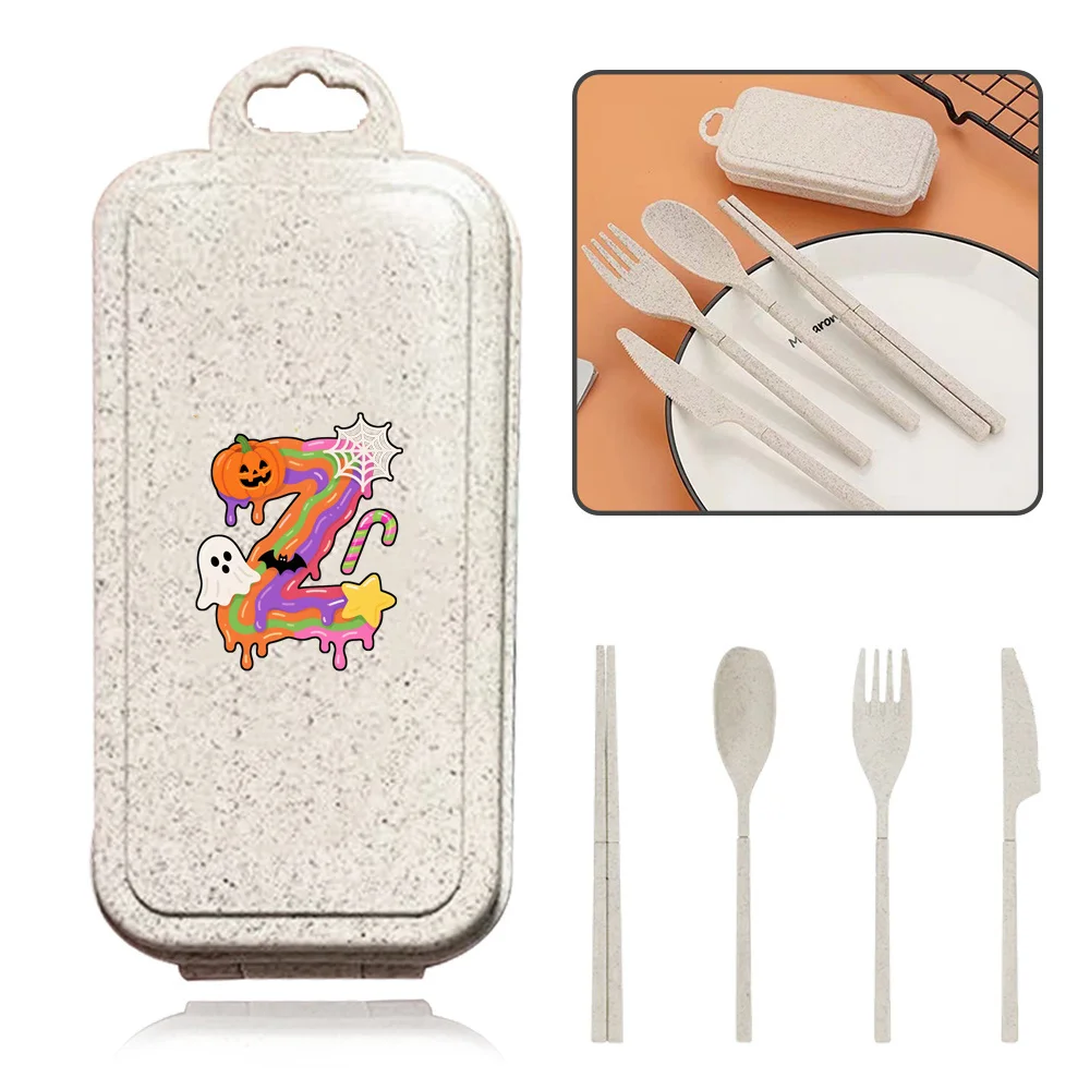 Detachable Wheat Straw Tableware Portable and Reusable Tableware Camping Accessories with Storage Box Candy Letter Pattern