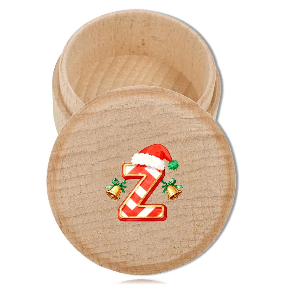 Round Wooden Milk Teeth Box Multi-functional Storage Box Jewelry Earrings and Milk Tooth Storage Christmas Jingle Bell Pattern