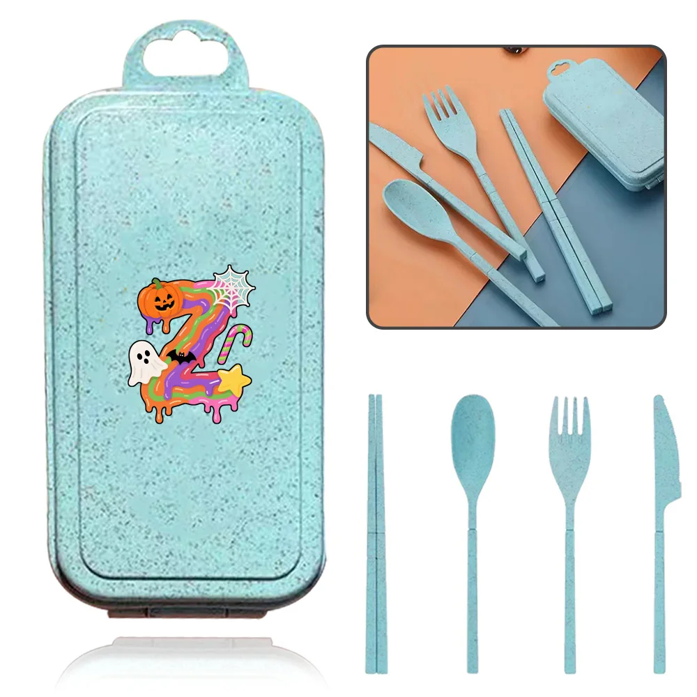Reusable Wheat Straw Tableware Portable Camping Tableware Set Picnic Accessories with Storage Box Candy Letter Pattern