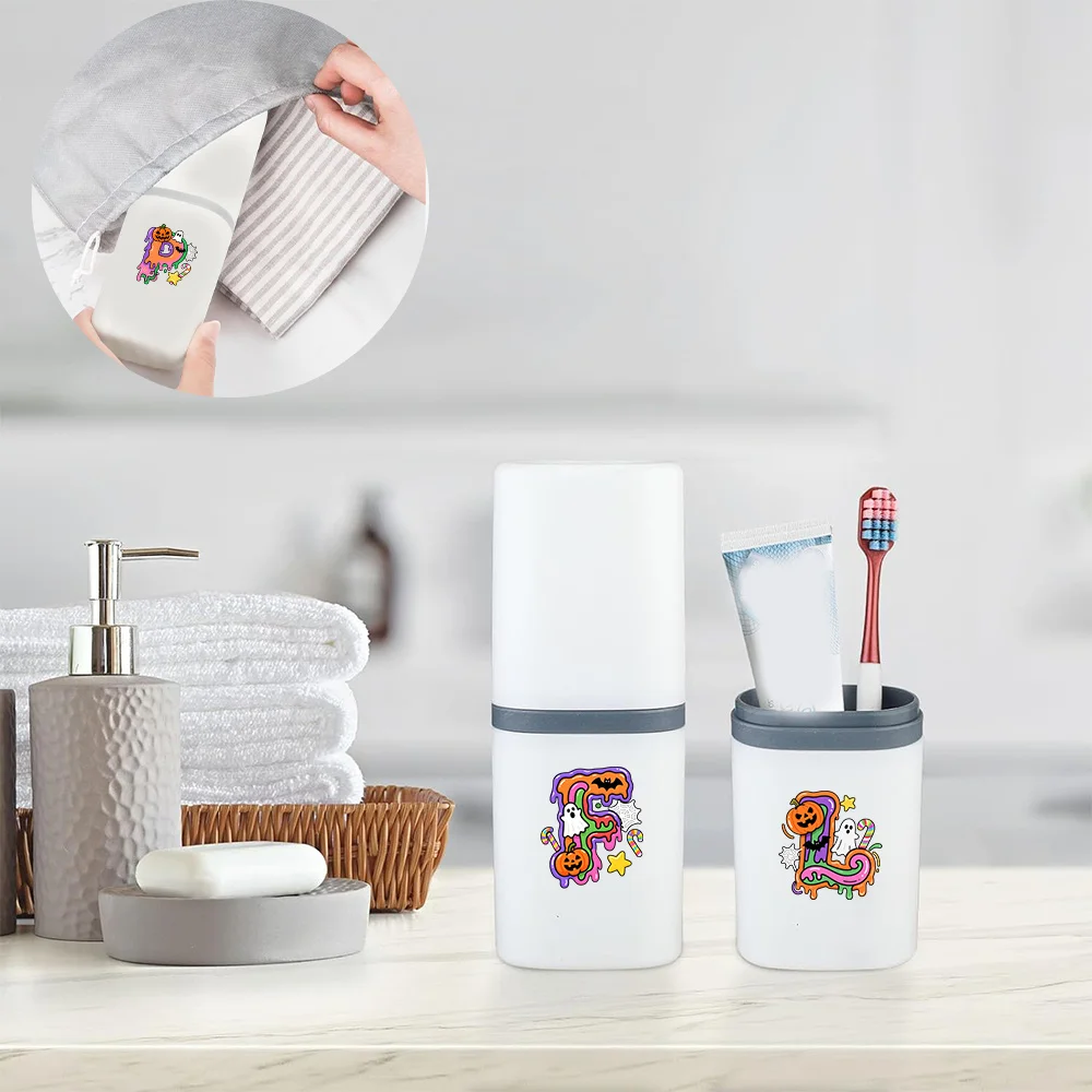 Portable and Detachable Mouthwash Cup Travel Toothbrush Storage Box Dust Proof Toiletries Storage Case Candy Letter Pattern