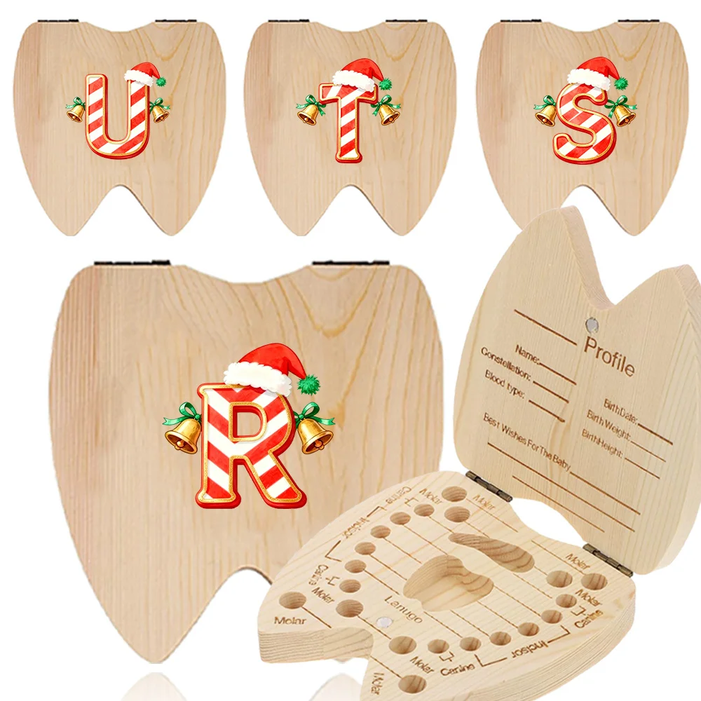 Wooden Tooth Case Teeth Shape with Milk Teeth Slot Tooth Collector Girl Boy Wooden Retro practical Case Jingle Bell Pattern