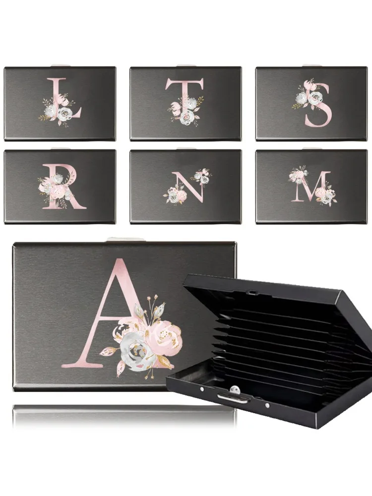 Card Pocket Wallet Portable Business Cards Box Metal Slim Money Bag Portable Storage Container Pink Flower Printing Series