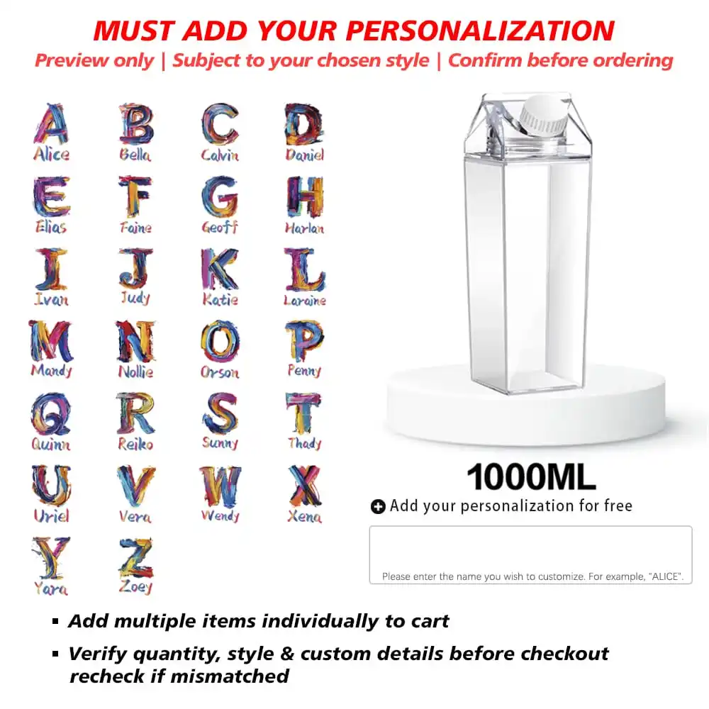 Customized Name 1000ml Clear Milk Bottle Sealed Leak Proof Drinking Jug Orange Juice Organizer Case Colorful Painting Brush