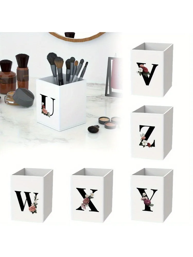 Multifunctional Acrylic Pencil Cylinder Practical Desktop Pen Holder Square Simple Student Pencil Holder Black Floral Pattern