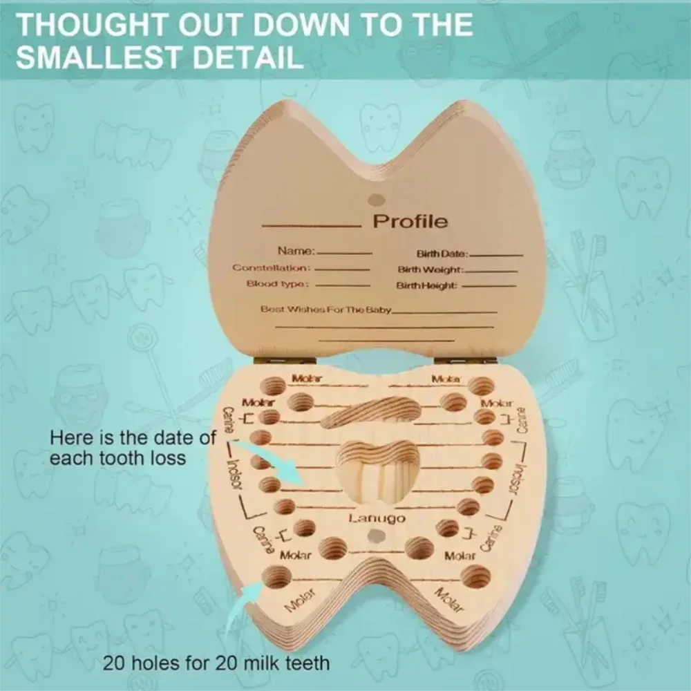 Wooden Tooth Case Teeth Shape with Milk Teeth Slot Tooth Collector Girl Boy Wooden Retro practical Case Jingle Bell Pattern