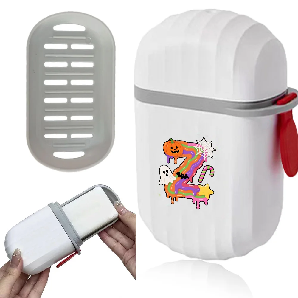 Portable Capsule Shaped Soap Cartridge Tray Leak Proof Soap Storage Box Durable Plastic Dustproof Storage Case Candy Pattern