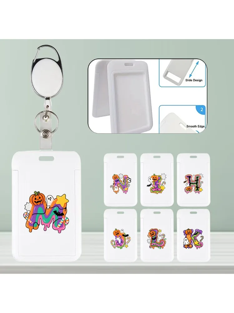 Employee Badge Card Holder with Expandable Hanging Rope Work Id Hard Shell Protective Cover Halloween Gift Candy Letter Pattern