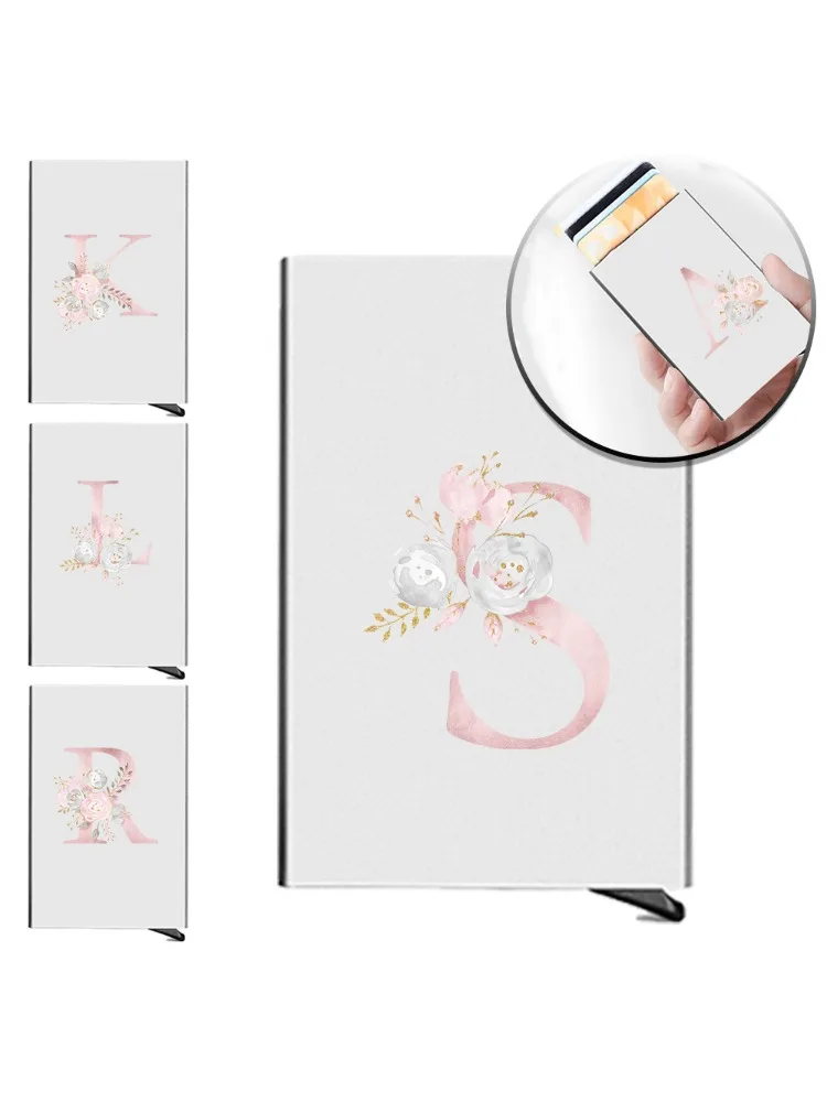 Business Cards Storage Box Durable Credit Cards Holder Pop-Up  Aluminum Card Boxs Pink Flower Series Multi-functional Wallet