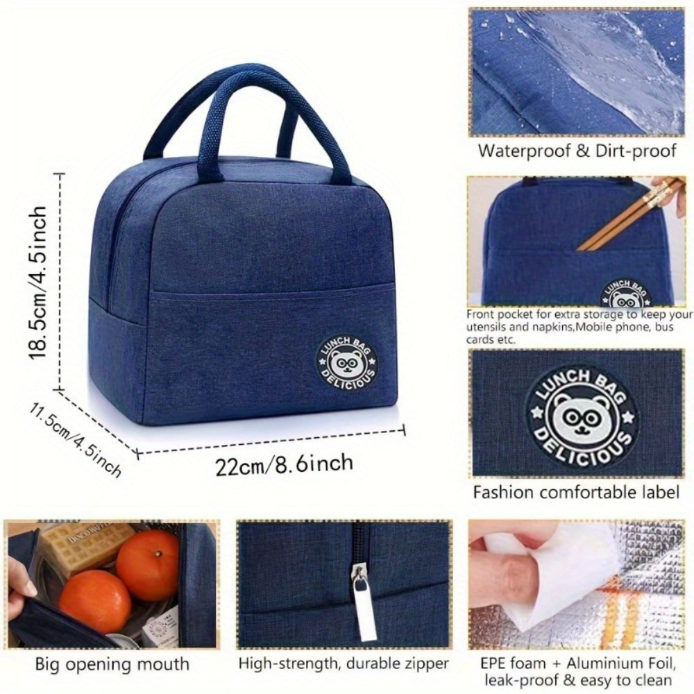 Insulated Lunch Bag, Thermal Bento Tote, Handbag Rectangular Food Carrier with Zipper Closure Non-food Contact, Ice Pack Picnic Bag, back To School